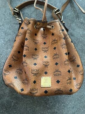 MCM Cognac Monogram Drawstring Bucket Shoulder Bag